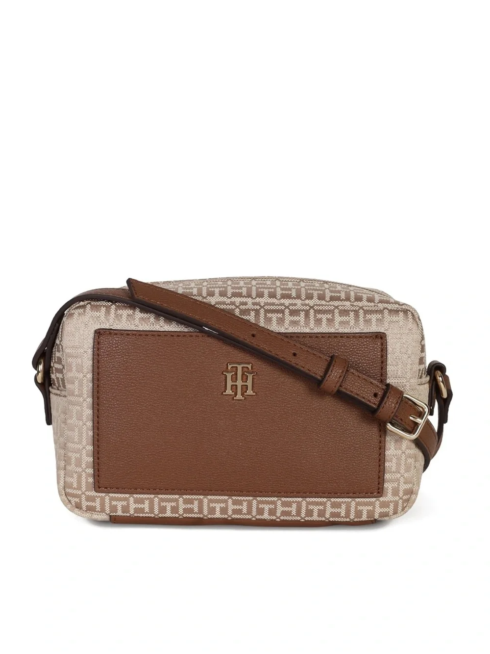 Tommy Hilfiger Beige Jacquard & Brown Leather Crossbody Bag
